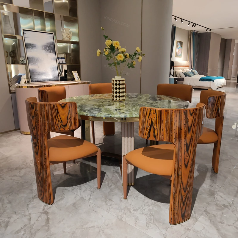 Green Landscape Marble Round Dining Table with Natural Wood Veneer & Gold Stainless Steel Base